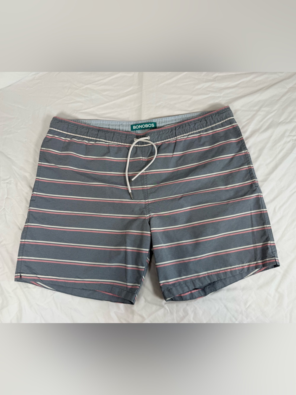 Bonobos Gray Swim Trunks with Pink & White Stripes